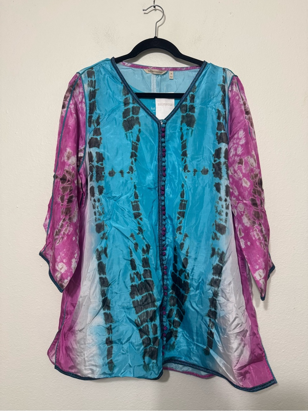Soft Surroundings Curacao Blue Pink Silk Tie Dye Tunic Top Blouse Size XL NWT - Picture 2 of 14